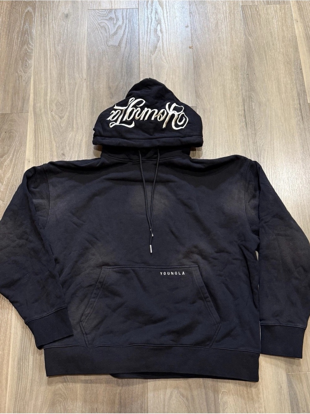 YoungLA Black Hoodie with White Script on Hood